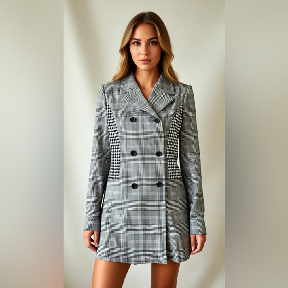SHEIN Gray Checkered Double-Breasted Blazer